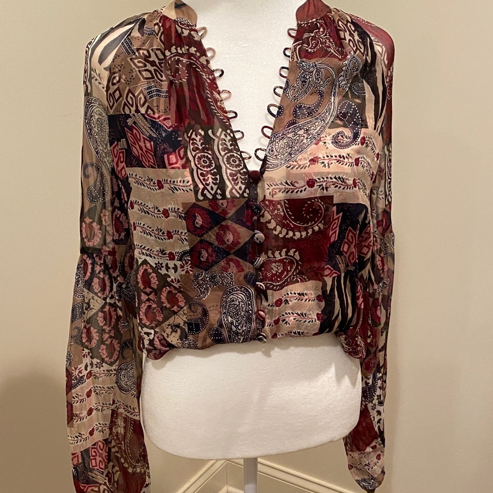 Veronica Beard Mixed Paisley Patchwork Blouse in Burgundy and Beige